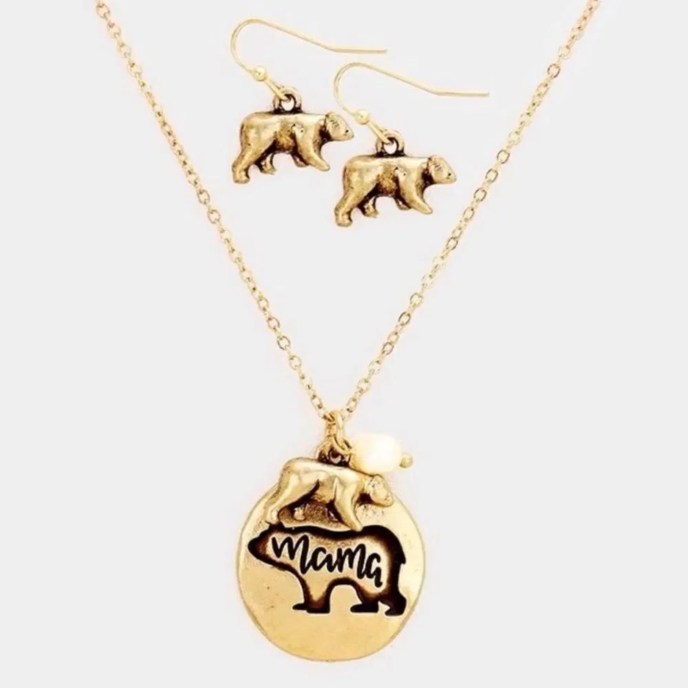 New Womens Mama Bear Gold Necklace & Earring Set